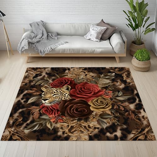 RRUxiia Kleiner Teppich Weich 60x90cm Leopard Rosen Luxuriös Fußmatte Outdoor Gepard Anlage Blatt Teppich Waschbarer Anti Rutsch Matte Für Badezimmer Innen Und Außentüren Eingang von RRUxiia