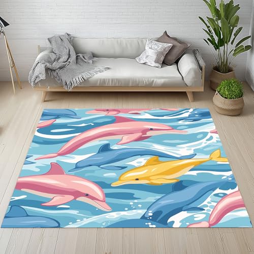RRUxiia Kleiner Teppich Weich 60x90cm Niedlich Delphin Fußmatte Outdoor Farbe Karikatur Meerestiere Teppich Waschbarer Anti Rutsch Matte Für Badezimmer Innen Und Außentüren Eingang von RRUxiia