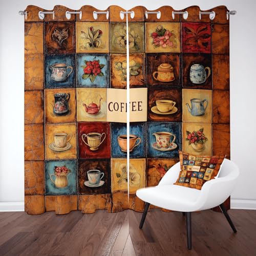 RRUxiia Retro Kaffee Blumen Verdunklungsvorhänge mit Ösen 137x117cm Geometrie Patchwork Netz Plaid Vorhang Schlafzimmer 2er Set Schalldämmende Vorhänge Blickdicht Wohnzimmer Gardinen von RRUxiia