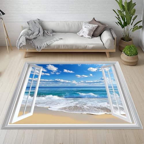 RRUxiia Rugs for Living Room 3D Fenster Wellen Teppich Wohnzimmer 140x200cm Meer Strand Wolken Teppich Waschbarer rutschfest Bettvorleger Weich Schlafzimmer Teppisch Kinderzimmer Esszimmer von RRUxiia