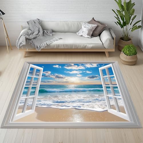 RRUxiia Rugs for Living Room 3D Fenster Wellen Teppich Wohnzimmer 140x200cm Meer Strand Wolken Teppich Waschbarer rutschfest Bettvorleger Weich Schlafzimmer Teppisch Kinderzimmer Esszimmer von RRUxiia