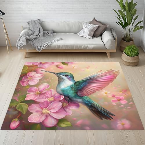 RRUxiia Rugs for Living Room 3D Kolibri Blumen Teppich Wohnzimmer 140x200cm Niedlich Vögel Blumenmuster Teppich Waschbarer rutschfest Bettvorleger Weich Schlafzimmer Teppisch Kinderzimmer Esszimmer von RRUxiia
