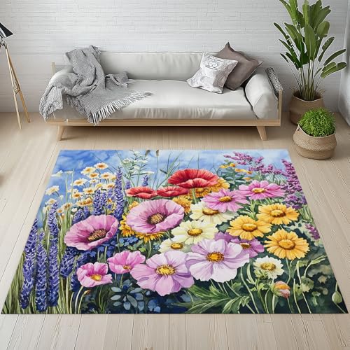 RRUxiia Rugs for Living Room Farbe Blumen Anlage Teppich Wohnzimmer 140x200cm Blumenmuster Pflanzendrucke Teppich Waschbarer rutschfest Bettvorleger Weich Schlafzimmer Teppisch Kinderzimmer Esszimmer von RRUxiia