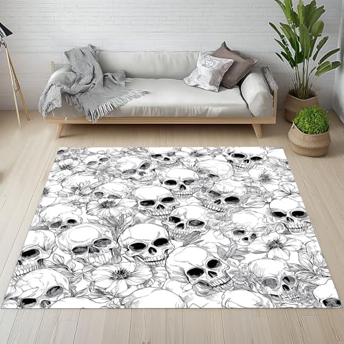 RRUxiia Rugs for Living Room Furcht Skeleton Teppich Wohnzimmer 140x200cm Blumen Anlage Gotisch Teppich Waschbarer rutschfest Bettvorleger Weich Schlafzimmer Teppisch Kinderzimmer Esszimmer von RRUxiia