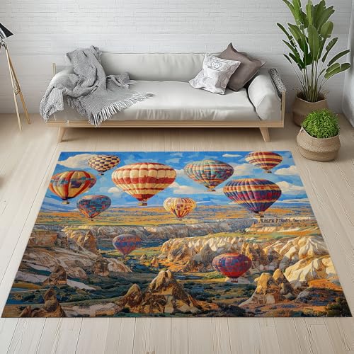 RRUxiia Rugs for Living Room Heißluftballon Raum Berg Teppich Wohnzimmer 120x150cm Natur Landschaft Teppich Waschbarer rutschfest Weich Schlafzimmer Bettvorleger Kinderzimmer Esszimmer von RRUxiia