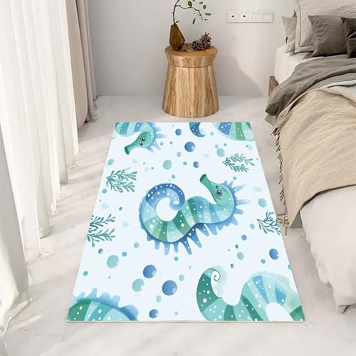 RRUxiia Rugs for Living Room Karikatur Seepferdchen Teppich Kurzflor 140x200cm Meerestiere Anlage Blatt Teppich Waschbarer rutschfest Bettvorleger Weich Schlafzimmer Kinderzimmer von RRUxiia