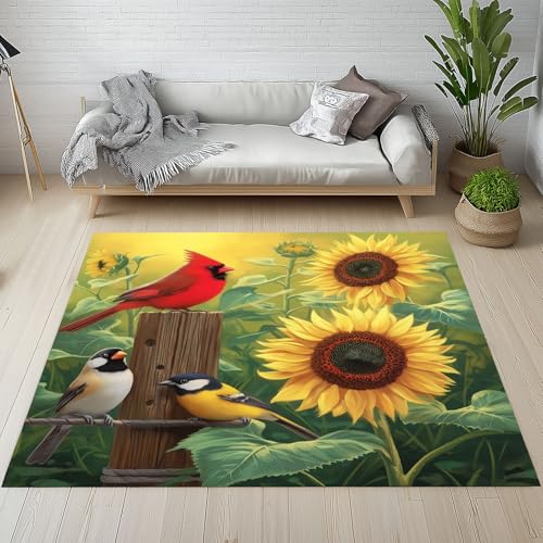 RRUxiia Rugs for Living Room Sonnenblume Blumen Teppich Wohnzimmer 120x150cm Vögel Anlage Blumenmuster Teppich Waschbarer rutschfest Weich Schlafzimmer Bettvorleger Kinderzimmer Esszimmer von RRUxiia
