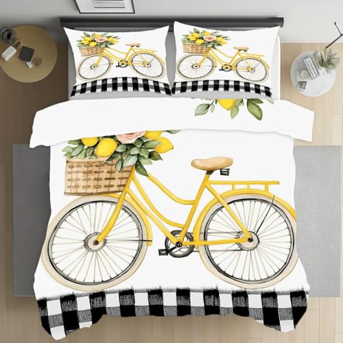 RRUxiia Sommerbettwäsche Atmungsaktiv Geometrie Patchwork Netz Bettbezug Weich 200x200cm Einfachheit Fahrrad Zitrone Bettwäsche Set mit Reißverschluss Mikrofaser mit 2 Kissenbezügen 80x80cm von RRUxiia