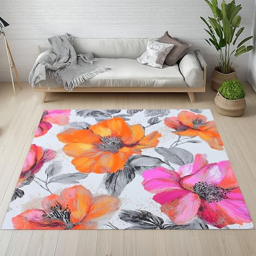RRUxiia Teppich 150x210cm Blumen Anlage Blatt Teppich Wohnzimmer Blumenmuster Pflanzendrucke Carpet Waschbarer Teppisch Rutschfest Weich Schlafzimmer Bettvorleger Kinderzimmer Esszimmer Raumdekoration von RRUxiia