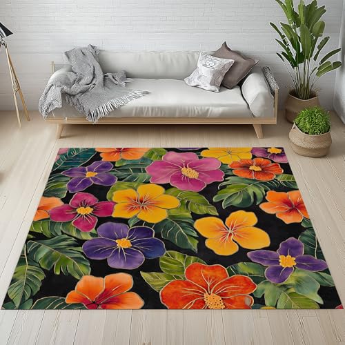 RRUxiia Teppich 150x210cm Farbe Blumen Anlage Teppich Wohnzimmer Blumenmuster Pflanzendrucke Carpet Waschbarer Teppisch Rutschfest Weich Schlafzimmer Bettvorleger Kinderzimmer Esszimmer Raumdekoration von RRUxiia