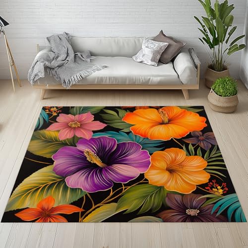 RRUxiia Teppich 150x210cm Farbe Blumen Anlage Teppich Wohnzimmer Blumenmuster Pflanzendrucke Carpet Waschbarer Teppisch Rutschfest Weich Schlafzimmer Bettvorleger Kinderzimmer Esszimmer Raumdekoration von RRUxiia