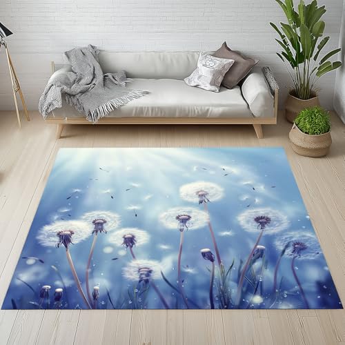 RRUxiia Teppich 150x210cm Modern Löwenzahn Anlage Teppich Wohnzimmer Pflanzendrucke Carpet Waschbarer Teppisch rutschfest Weich Schlafzimmer Bettvorleger Kinderzimmer Esszimmer Raumdekoration von RRUxiia