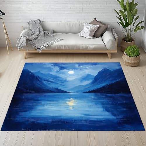 RRUxiia Teppich 150x210cm Natur Landschaft Teppich Wohnzimmer Malerei Kunst Berg See Carpet Waschbarer Teppisch rutschfest Weich Schlafzimmer Bettvorleger Kinderzimmer Esszimmer Raumdekoration von RRUxiia