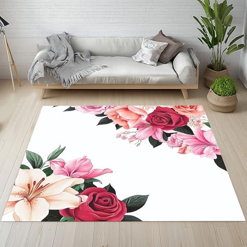 RRUxiia Teppich 150x210cm Rosen Blumen Anlage Teppich Wohnzimmer Blumenmuster Pflanzendrucke Carpet Waschbarer Teppisch Rutschfest Weich Schlafzimmer Bettvorleger Kinderzimmer Esszimmer Raumdekoration von RRUxiia