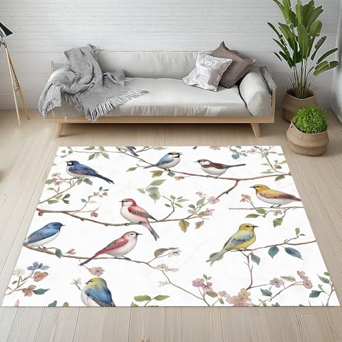 RRUxiia Teppich 150x210cm Vögel Tier Filialen Teppich Wohnzimmer Baum Blatt Blumen Carpet Waschbarer Teppisch rutschfest Weich Schlafzimmer Bettvorleger Kinderzimmer Esszimmer Raumdekoration von RRUxiia