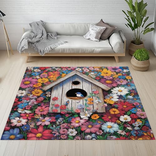 RRUxiia Teppich 150x210cm Vogelnest Vögel Blumen Teppich Wohnzimmer Anlage Blumenmuster Carpet Waschbarer Teppisch rutschfest Weich Schlafzimmer Bettvorleger Kinderzimmer Esszimmer Raumdekoration von RRUxiia