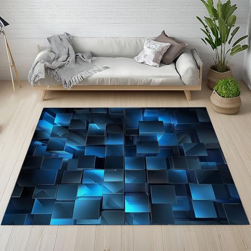 RRUxiia Teppich 80x150cm 3D Geometrie Netz Teppich Wohnzimmer Stereo Patchwork Blau Rugs for Living Room Waschbarer Bettvorleger rutschfest Weich Schlafzimmer Kinderzimmer Esszimmer von RRUxiia