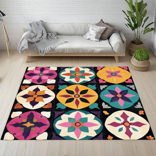 RRUxiia Teppich 80x150cm Geometrie Patchwork Netz Teppich Wohnzimmer Farbe Abstrakt Blumen Rugs for Living Room Waschbarer Bettvorleger rutschfest Weich Schlafzimmer Kinderzimmer Esszimmer von RRUxiia