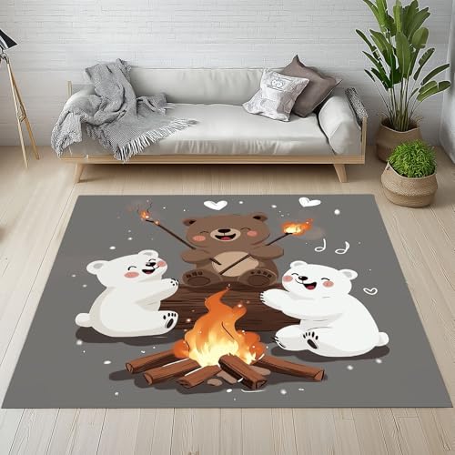RRUxiia Teppich 80x150cm Karikatur Braunbär Teppich Wohnzimmer Eisbär Tier Feuer Rugs for Living Room Waschbarer Bettvorleger rutschfest Weich Schlafzimmer Kinderzimmer Esszimmer von RRUxiia