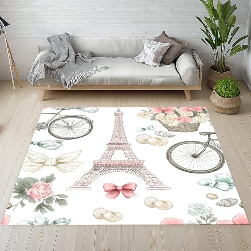 RRUxiia Teppich 80x150cm Karikatur Eiffelturm Teppich Wohnzimmer Blumen Bogen Fahrrad Rugs for Living Room Waschbarer Bettvorleger rutschfest Weich Schlafzimmer Kinderzimmer Esszimmer von RRUxiia