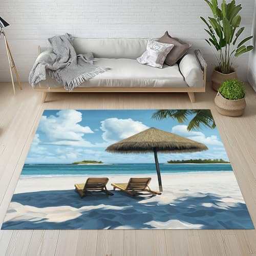RRUxiia Teppich 80x150cm Meer Natur Landschaft Teppich Wohnzimmer Urlaub Sonnenschirme Rugs for Living Room Waschbarer Bettvorleger rutschfest Weich Schlafzimmer Kinderzimmer Esszimmer von RRUxiia
