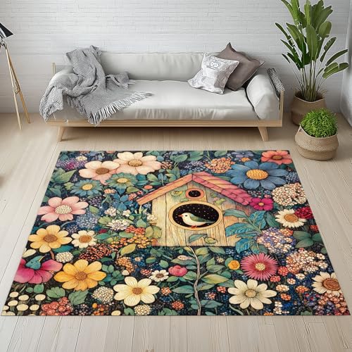 RRUxiia Teppich Farbe Blumen Anlage Teppich Wohnzimmer 100x160cm Vögel Blumenmuster Carpet Waschbarer Bettvorleger rutschfest Weich Teppisch Schlafzimmer Kinderzimmer Esszimmer Living Room von RRUxiia