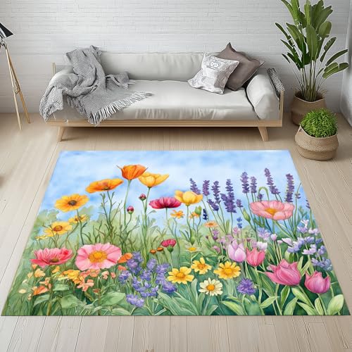 RRUxiia Teppich Farbe Blumen Anlage Teppich Wohnzimmer Blumenmuster Pflanzendrucke Groß Carpet 240x340cm Waschbarer Bettvorleger rutschfest Weich Schlafzimmer Raumdekoration Kinderzimmer Esszimmer von RRUxiia