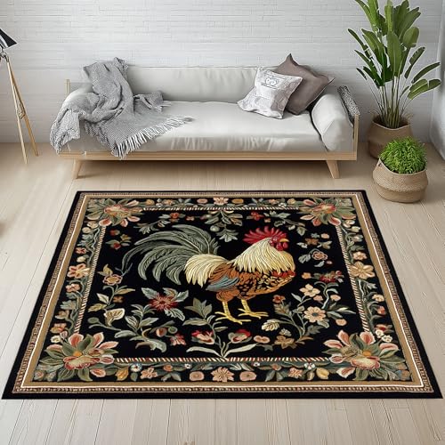 RRUxiia Teppich Hahn Bauernhaus Tier Teppich Wohnzimmer 100x160cm Blumen Anlage Ländlich Carpet Waschbarer Bettvorleger rutschfest Weich Teppisch Schlafzimmer Kinderzimmer Esszimmer Living Room von RRUxiia