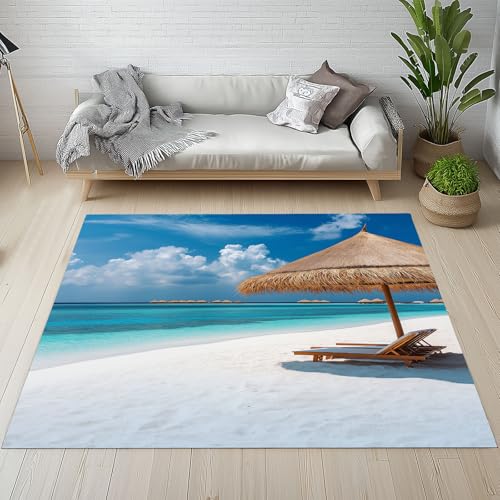 RRUxiia Teppich Meer Strand Teppich Wohnzimmer Sonnenschirme Wolken Carpet 200x290cm Waschbarer rutschfest Weich Bettvorleger Schlafzimmer Kinderzimmer Esszimmer Raumdekoration von RRUxiia