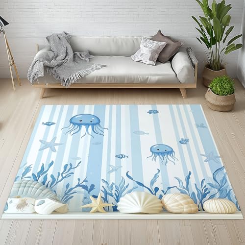 RRUxiia Teppich Schlafzimmer 150x210cm Waschbarer Karikatur Qualle Teppich Wohnzimmer Weich Meerestiere Muschel Hülse Rugs for Living Room Bettvorleger rutschfest Kinderzimmer von RRUxiia