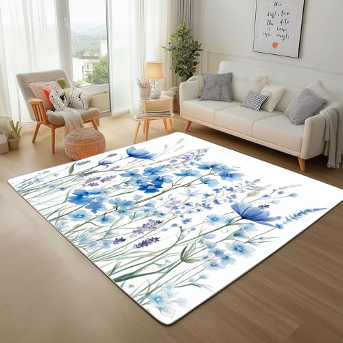 RRUxiia Teppich Schlafzimmer Waschbarer 80x150cm Blau Blumen Anlage Blatt Teppich Wohnzimmer rutschfest Blumenmuster Pflanzendrucke Rugs for Living Room Bettvorleger Weich Kinderzimmer von RRUxiia