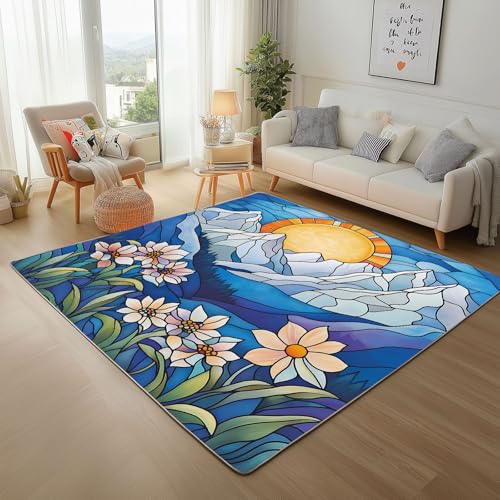RRUxiia Teppich Schlafzimmer Waschbarer 80x150cm Farbe Blumen Anlage Teppich Wohnzimmer rutschfest Abstrakt Sonne Schneeberg Rugs for Living Room Bettvorleger Weich Kinderzimmer von RRUxiia