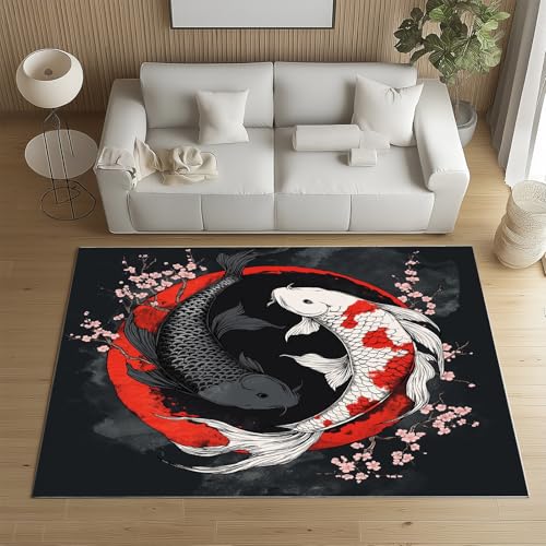 RRUxiia Teppich Schlafzimmer Waschbarer 80x150cm Japan Karpfen Blumen Teppich Wohnzimmer rutschfest Schwarz Weiß Fisch Rugs for Living Room Bettvorleger Weich Kinderzimmer RRUxiia Teppich Schlafzimmer Waschbarer 80x150cm Japan Karpfen Blumen Teppich Wohnzimmer rutschfest Schwarz Weiß Fisch Rugs for Living Room Bettvorleger Weich Kinderzimmer von RRUxiia