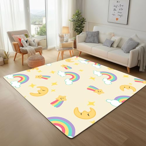 RRUxiia Teppich Schlafzimmer Waschbarer 80x150cm Karikatur Regenbogen Wolken Teppich Wohnzimmer rutschfest Niedlich Mond Sterne Rugs for Living Room Bettvorleger Weich Kinderzimmer von RRUxiia