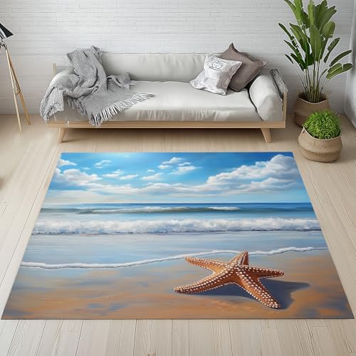 RRUxiia Teppich Schlafzimmer Waschbarer 80x150cm Meer Strand Wellen Teppich Wohnzimmer rutschfest Natur Landschaft Seestern Rugs for Living Room Bettvorleger Weich Kinderzimmer von RRUxiia