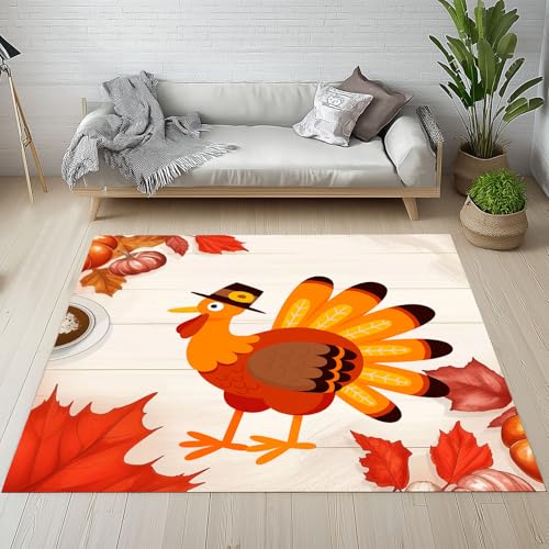RRUxiia Teppich Schlafzimmer Waschbarer 80x150cm Truthahn Ahornblatt Teppich Wohnzimmer rutschfest Erntedankfest Herbst Rugs for Living Room Bettvorleger Weich Kinderzimmer von RRUxiia