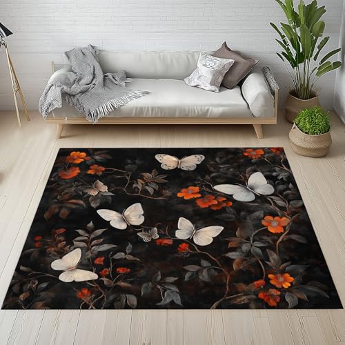 RRUxiia Teppich Schmetterling Blumen Teppich Wohnzimmer Insekten Anlage Carpet 200x290cm Waschbarer rutschfest Weich Bettvorleger Schlafzimmer Kinderzimmer Esszimmer Raumdekoration von RRUxiia