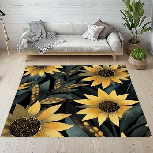RRUxiia Teppich Sonnenblume Blumen Teppich Wohnzimmer 240x300cm Anlage Pflanzendrucke Groß Carpet Waschbarer rutschfest Weich Bettvorleger Schlafzimmer Kinderzimmer Esszimmer Raumdekoration von RRUxiia