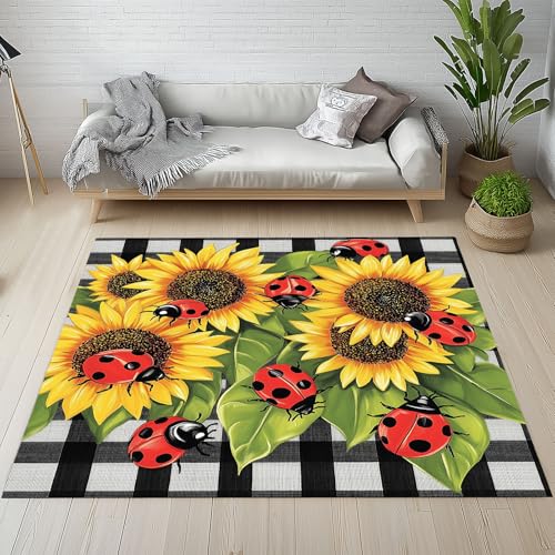 RRUxiia Teppich Sonnenblume Siebenpunkt Marienkäfer Teppich Wohnzimmer 100x160cm Insekten Blumen Carpet Waschbarer Bettvorleger rutschfest Teppisch Schlafzimmer Kinderzimmer Esszimmer Living Room von RRUxiia