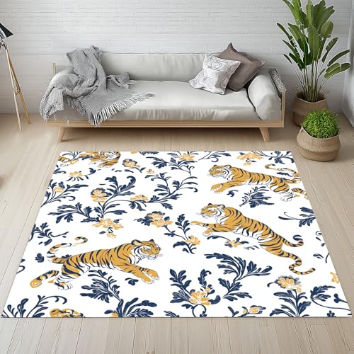 RRUxiia Teppich Tiger Tierwelt Anlage Teppich Wohnzimmer Tier Blumen Pflanzendrucke Groß Carpet 240x340cm Waschbarer Bettvorleger rutschfest Weich Schlafzimmer Raumdekoration Kinderzimmer Esszimmer von RRUxiia