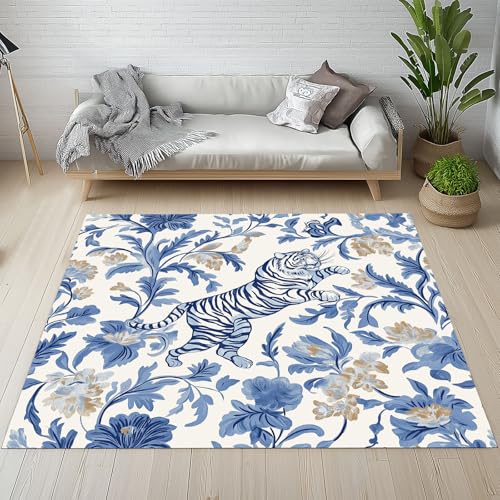 RRUxiia Teppich Tiger Tierwelt Teppich Wohnzimmer 120x170cm Tier Blumen Anlage Blatt Carpet Waschbarer Bettvorleger rutschfest Weich Teppisch Schlafzimmer Kinderzimmer Esszimmer Living Room von RRUxiia