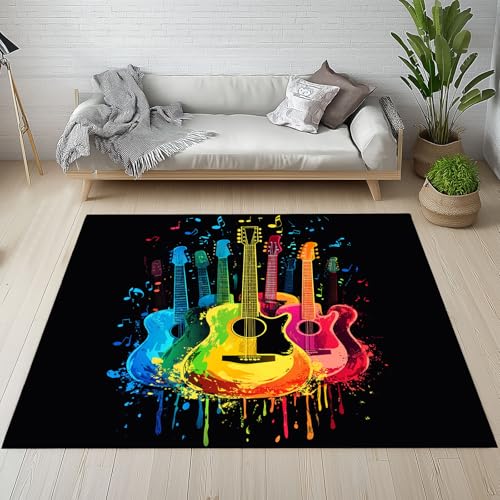 RRUxiia Teppich Wohnzimmer 200x290cm Farbe Gitarre Musikinstrumente Schlafzimmer Teppich Weich Musik Notiz Malerei Carpet Waschbarer Bettvorleger rutschfest Esszimmer von RRUxiia