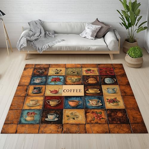 RRUxiia Teppich Wohnzimmer 200x290cm Retro Kaffee Blumen Schlafzimmer Teppich Weich Geometrie Patchwork Netz Plaid Carpet Waschbarer Bettvorleger rutschfest Esszimmer von RRUxiia