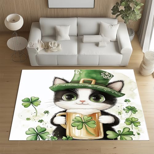 RRUxiia Teppich Wohnzimmer Weich 120x150cm Karikatur Katze Haustier Rugs for Living Room rutschfest Vierblättriges Kleeblatt Teppich Waschbarer Schlafzimmer Bettvorleger Esszimmer von RRUxiia