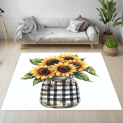 RRUxiia Teppich Wohnzimmer Weich 120x150cm Sonnenblume Vase Rugs for Living Room rutschfest Blumen Anlage Blatt Plaid Teppich Waschbarer Schlafzimmer Bettvorleger Esszimmer von RRUxiia
