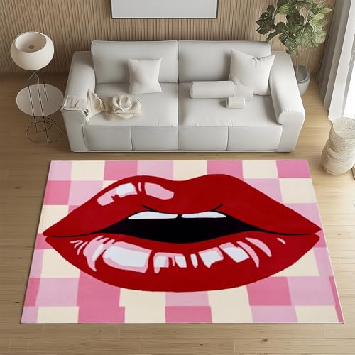 RRUxiia Teppich groß Weich Karikatur Lippen Teppich Wohnzimmer 180x270cm Waschbarer Mädchen Geometrie Netz Carpet Bettvorleger rutschfest Schlafzimmer Kinderzimmer von RRUxiia