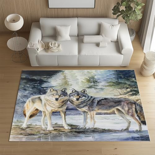 RRUxiia Teppich groß rutschfest Dschungel Wolf Tier Teppich Wohnzimmer 100x160cm Handgezeichnet Tierwelt Carpet Waschbarer Bettvorleger Weich Schlafzimmer Kinderzimmer von RRUxiia
