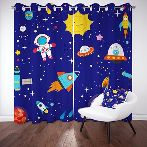 RRUxiia Weltraum Sternenhimmel Vorhang mit Ösen Blickdicht, Astronauten Rakete Planet Verdunklungsvorhänge 2er Set, Karikatur Lustig Gardinen Schlafzimmer Schallschutz Kälteschutz 137x117 cm von RRUxiia