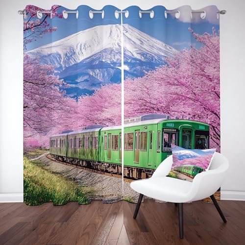 RRUxiia Zug Lokomotive Vorhang 2er Set mit Ösen, Kirschblüten Berg Vorhänge Blickdicht Wärmeisolierung, 3D Druck Realistisch Gardine 225x140cm für Balkon Schlafzimmer Badezimmer von RRUxiia