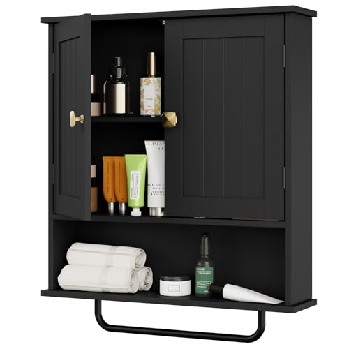 Badezimmerschrank, Hängeschrank mit Handtuchhalter, 56x13x65cm Aufbewahrungsschrank über der Toilette mit 2 Türen und verstellbarem Regal, weißer Hängeschrank für Badezimmer, Waschküche (schwarz) von RRX